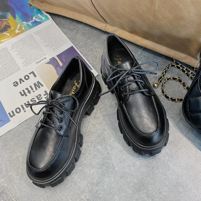

Women Oxfords Shoes 2021 Spring High Platform Black Leather Shoes Lace up Vintage Thicken Soled lolita Ladies Student Shoes