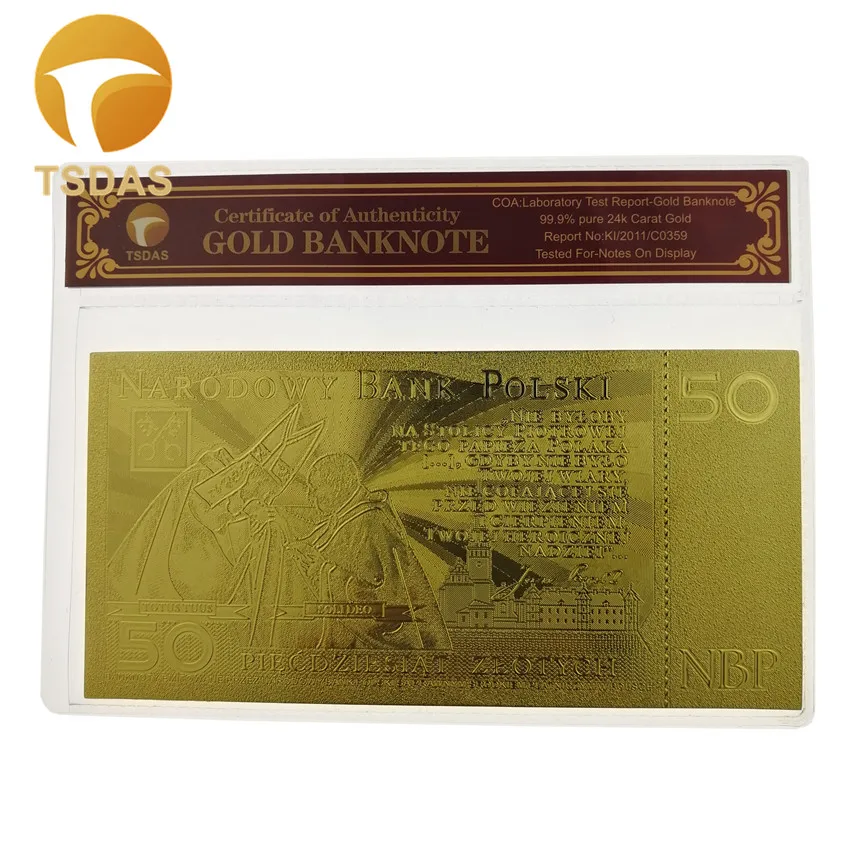 Польская Золотая фольга 50 банкнот В позолоченном 24-каратным золотом с рамкой COA