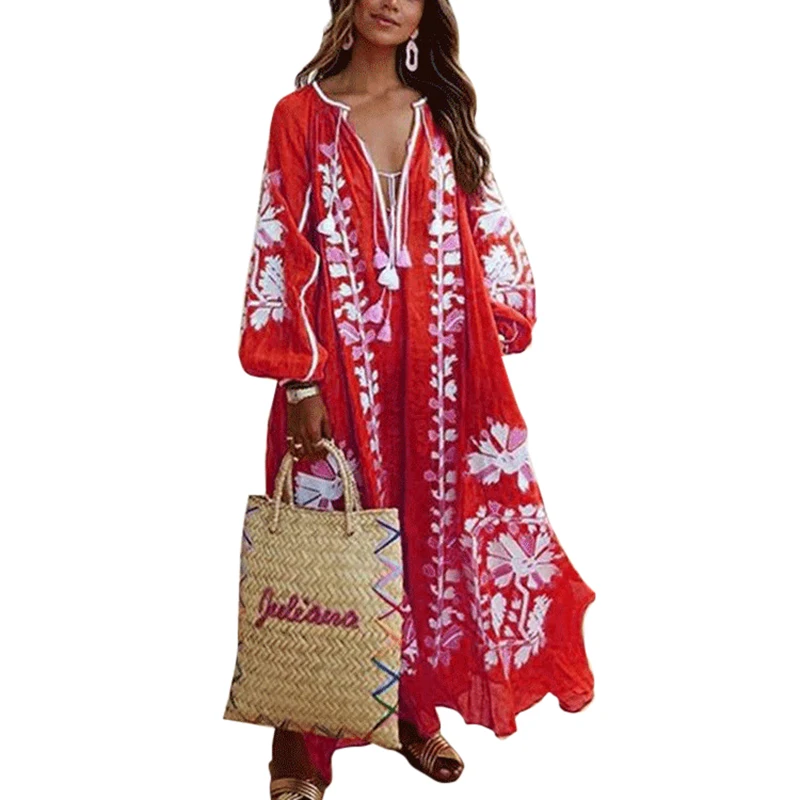 

2021Spring Boho Style Dress Women Elegant Floral Print Long Sleeve Party Maxi Dress V Neck Casual Loose Vintage Ladies Dresses
