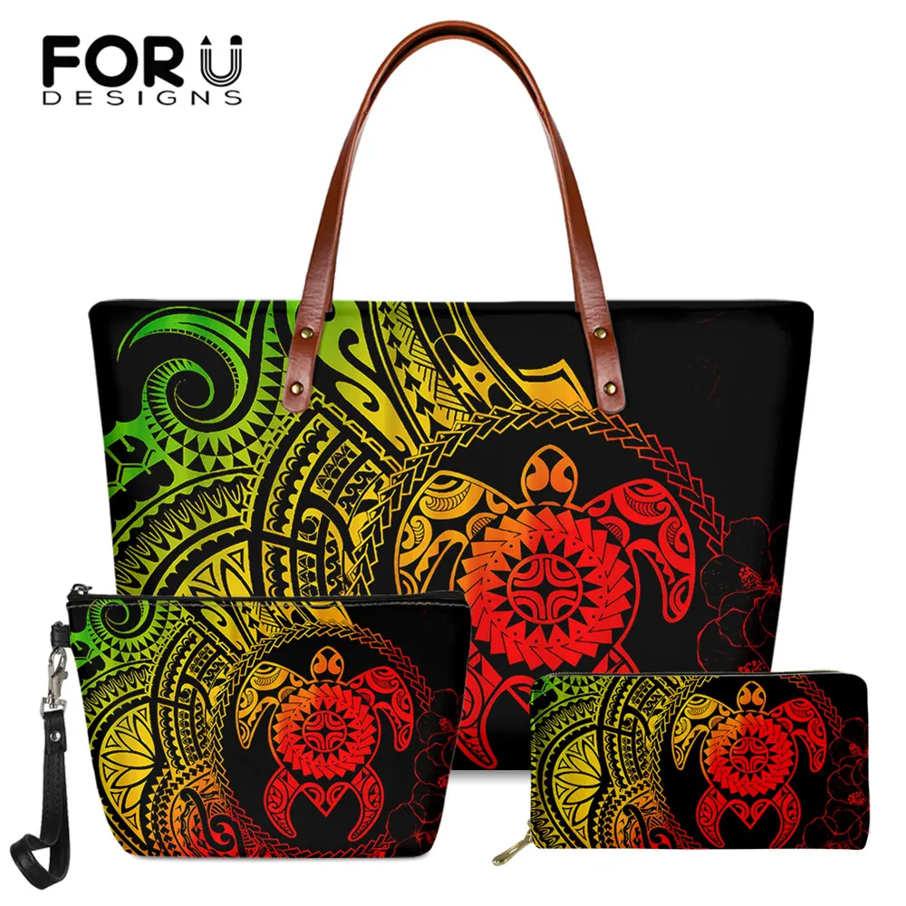 

FORUDESIGNS Hawaii Polynesian Women's Bags Vintage Polynesian Turtle Pattern Large Capacity Ladies Shoulder Bags And Purse 3Set
