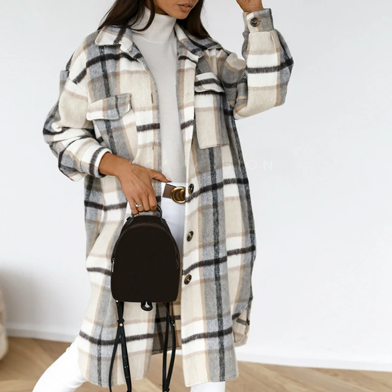 

Женская Длинная блузка в клетку, Повседневная Весенняя рубашка в стиле High Street с рукавами-фонариками и карманами, Дамская верхняя одежда на пуговицах, свободные рубашки, 2021