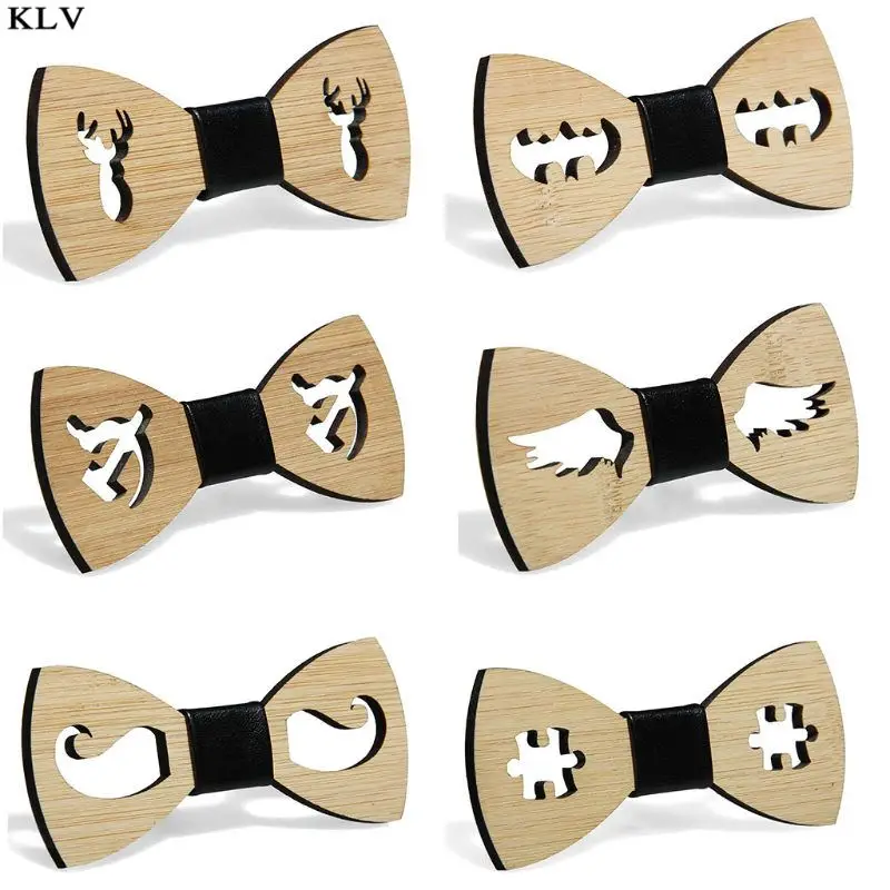 

Men Boys Hollow Bat Deer Wings Handmade Bamboo Wooden Bow Tie Faux Leather Knot Center Adjustable Business Wedding Party Necktie