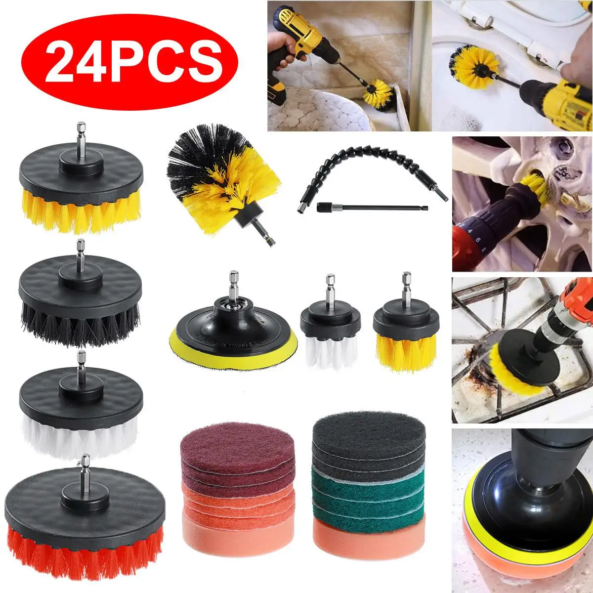 

24Pcs Drill Brush Attachment Set Power Scrubber Brush Car Polisher Bathroom Surface Grout Tile Tub Shower Auto Care Cleaning