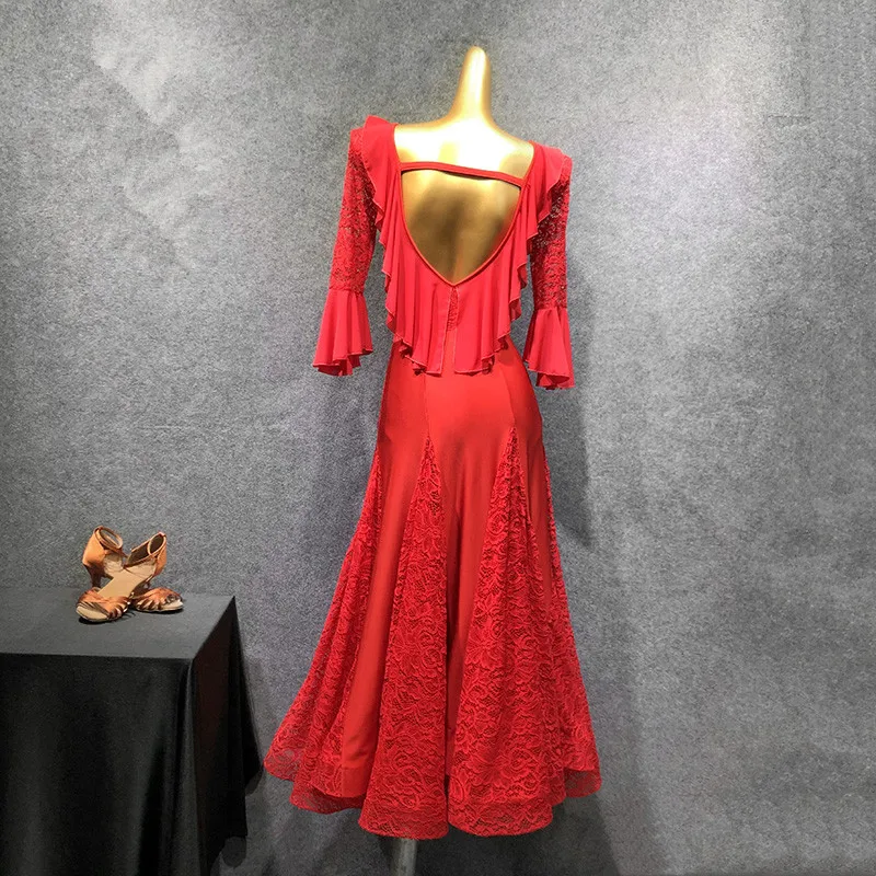 Женское платье для бальных танцев красное Венского вальса бальное с трико костюм