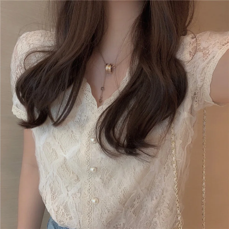 

Lace Mesh Blouse Women Plus Size V-Neck Women Tops and Blouses Single-breasted Shirt Elegant Loose Vintage Apricot Shirts Chic