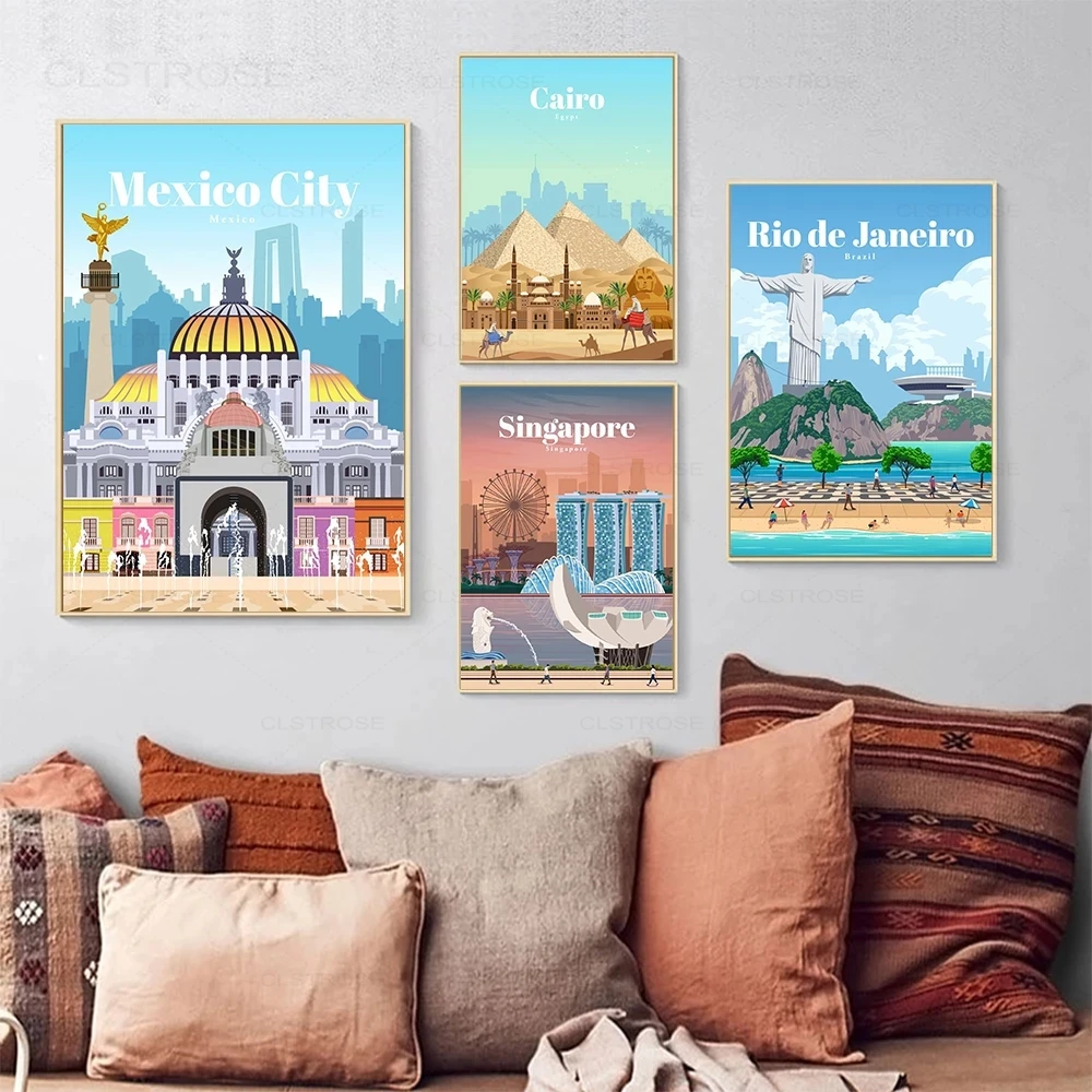 City Travel Landscape Poster Cairo Melbourne Singapore Mexico Agra Canvas Prints Nordic Wall Art Picture Livingroom Office Decor | Дом и сад
