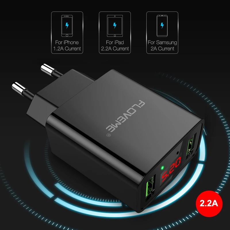 FLOVEME Смарт USB Автомобильное зарядное устройство с двойным портом и светодиодной