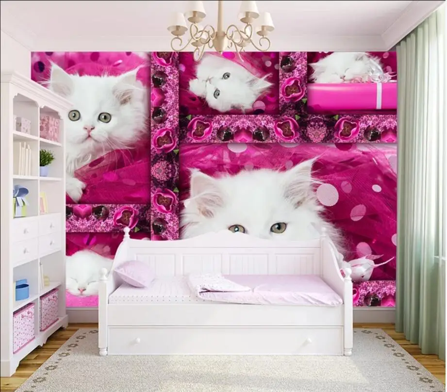 3d настенные фрески обои для гостиной милый белый котёнок красные цветы декор