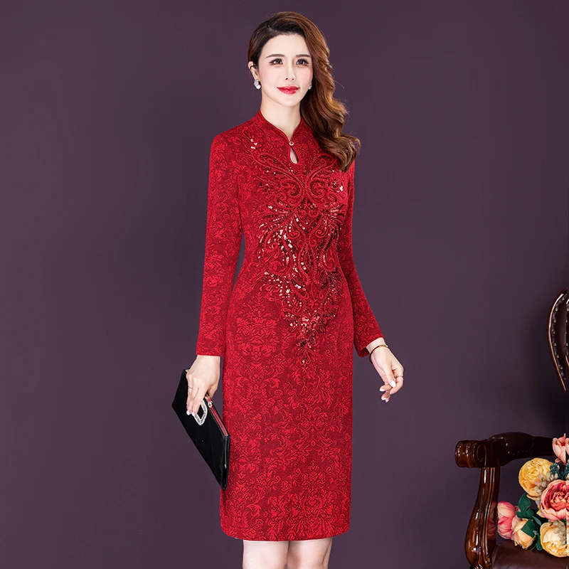 

2021 Autumn New Young Mother Diamond Medium Wedding Dress Long Sleeve Plus Size 5xl Embroidery Straight Winter Dresses