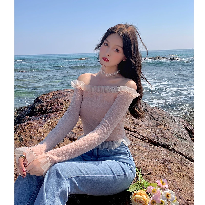 

Women's clothing 2021 spring new sweet design niche clavicle one-shoulder top fashion sexy long-sleeved chiffon blouse