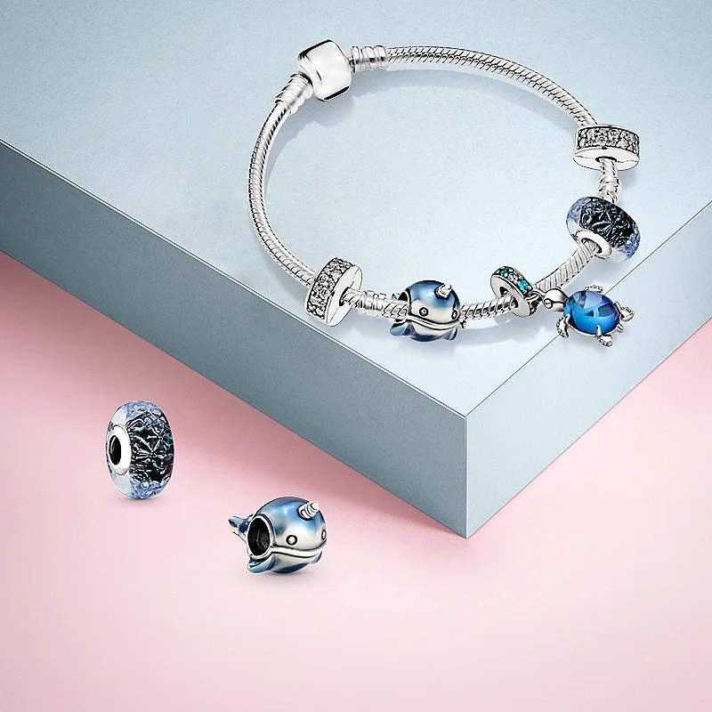 

New Arrivals 925 Sterling Silver Blue Ocean Heart Series Beaded Charms Fit Pandora Moments Bracelet Jewelry Gifts for women