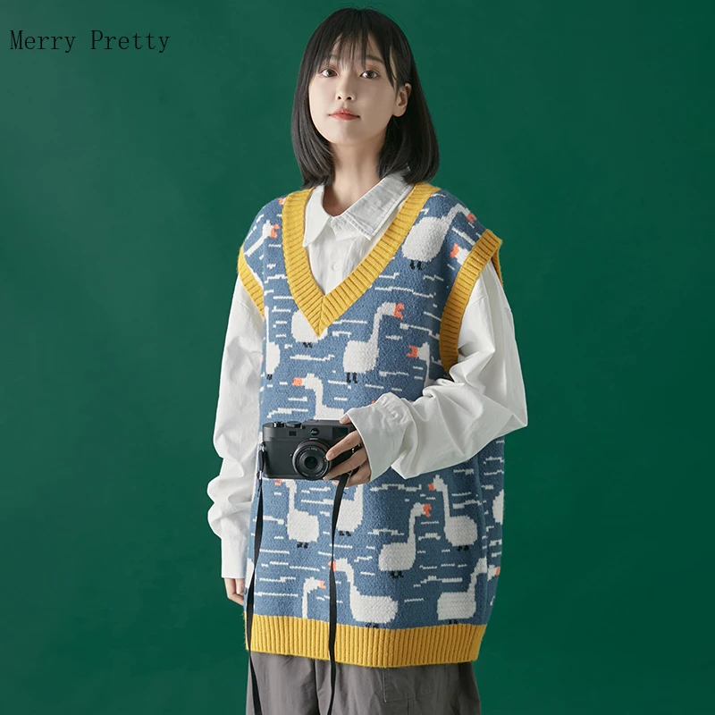Женский трикотажный жаккардовый жилет свитер без рукавов с мультяшной вышивкой
