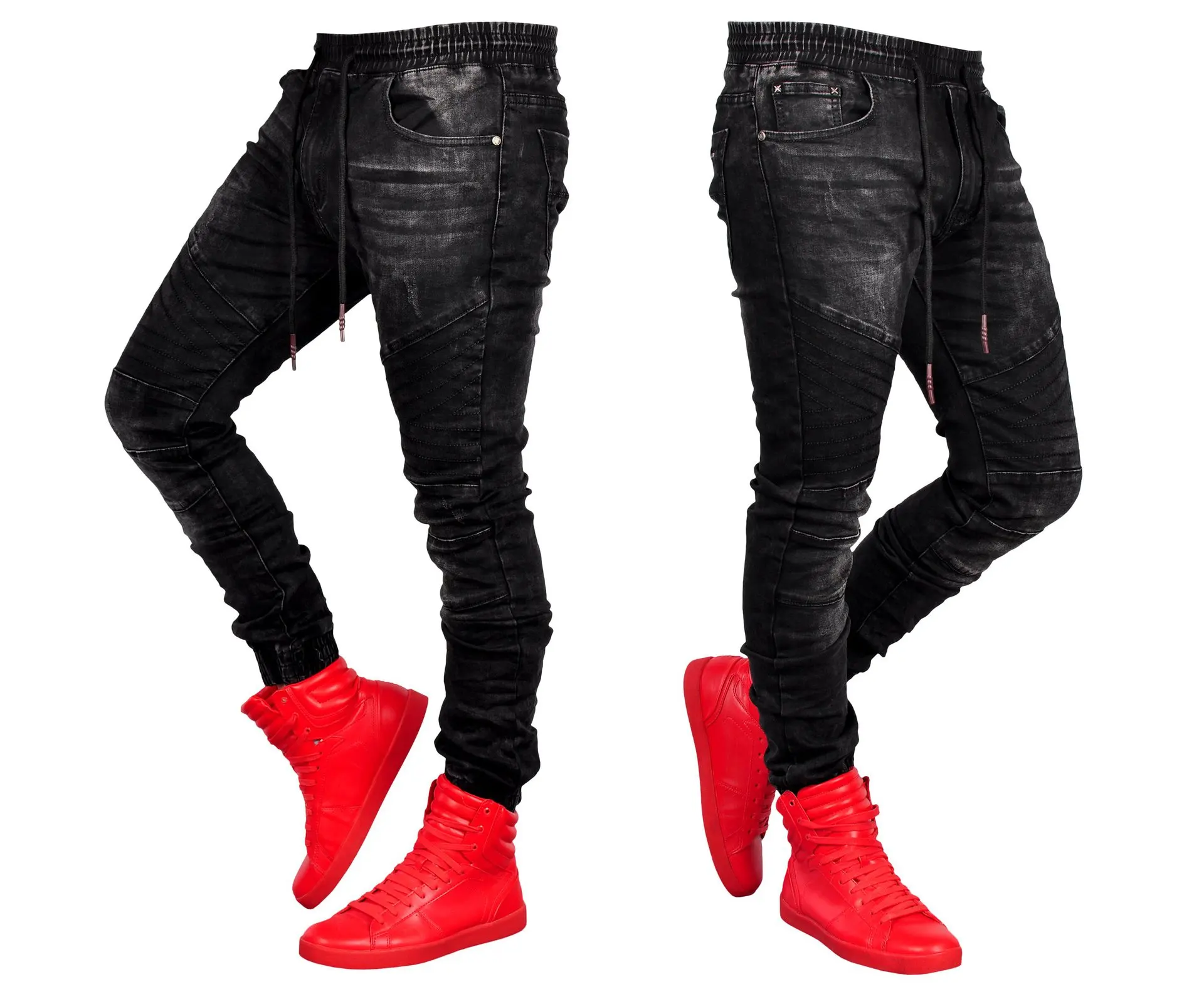

2021 new men's black jeans fashion elastic waist skateboard pants personality hip-hop casual pants