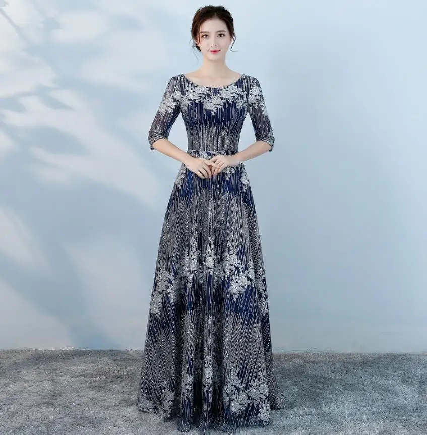 Navy blue Плюс размер, свадебное Выходное платье, Новое кружевное, с блестками, с коротким рукавом, а-силуэт, серебро, цвет шампанского, золотой, темно-синий, розовое платье подружки невесты, длинное - Цвет: Navy blue