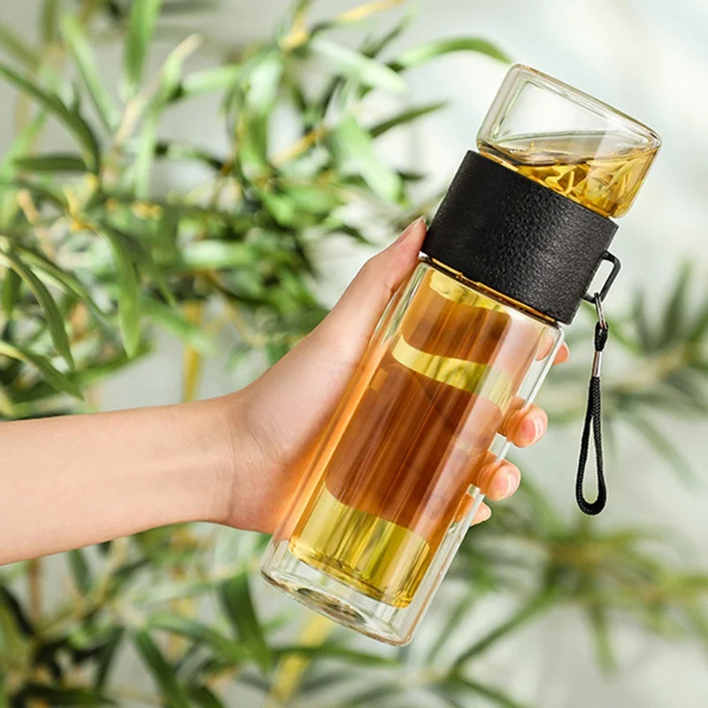 Двухслойная стеклянная бутылка для воды портативная уличная с фильтром и