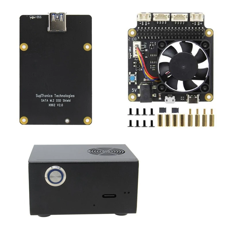 X862 V2.0 Expansion Board+X735 V2.5 Power Management Cooling Fan Board with Metal Case for Raspberry Pi 4B