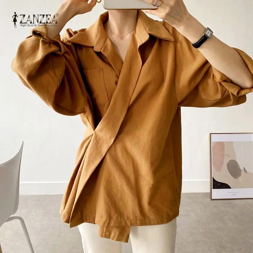 

Women Fashion Shirts 2021 ZANZEA Spring Autumn Cotton Linen Long Sleeve Bandage Top Casual Solid Loose Oversized Blusa Femininas