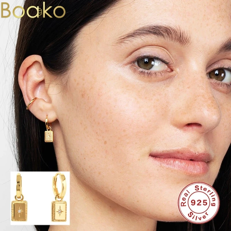 

BOAKO Ins Wind Geometric Stars Hoop Earrings For Women 925 Sterling Silver Piercing Huggies Earrings Jewelry Pendientes 2021