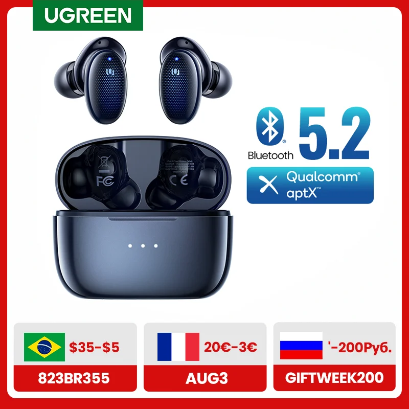 Беспроводные наушники UGREEN HiTune X5 TWS Bluetooth 5 2 aptX чип Qualcomm 70ms с низкой задержкой