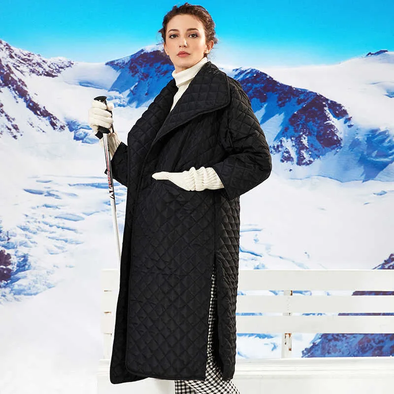 Autumn/winter 2022 Dark Turn-down High-necked Diamond Quilted Cotton Open Side Slit Long Padded Jacket Women's Cotton Jacket