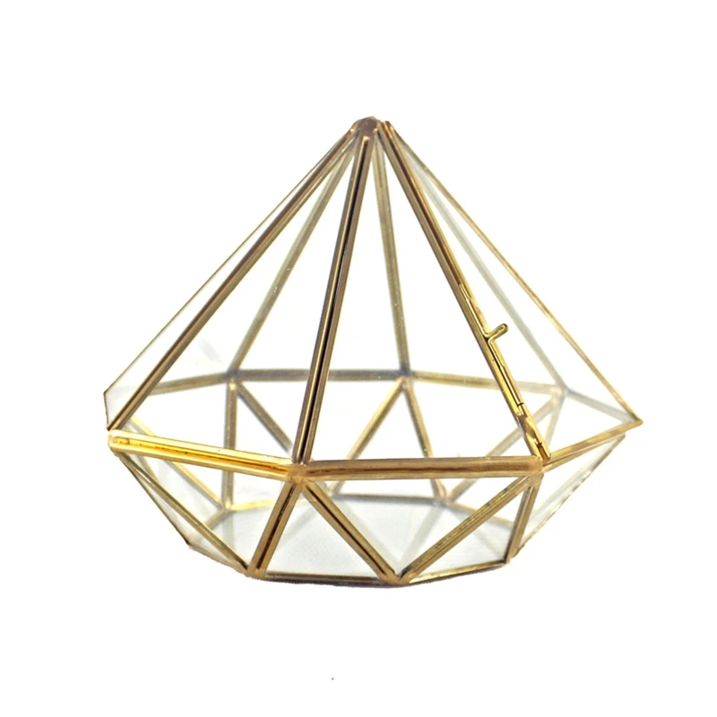 

Золотой открытый стеклянный геометрический Террариум ручной работы, латунный бриллиантовый суккулент, папоротник, мох, контейнер для отоб...