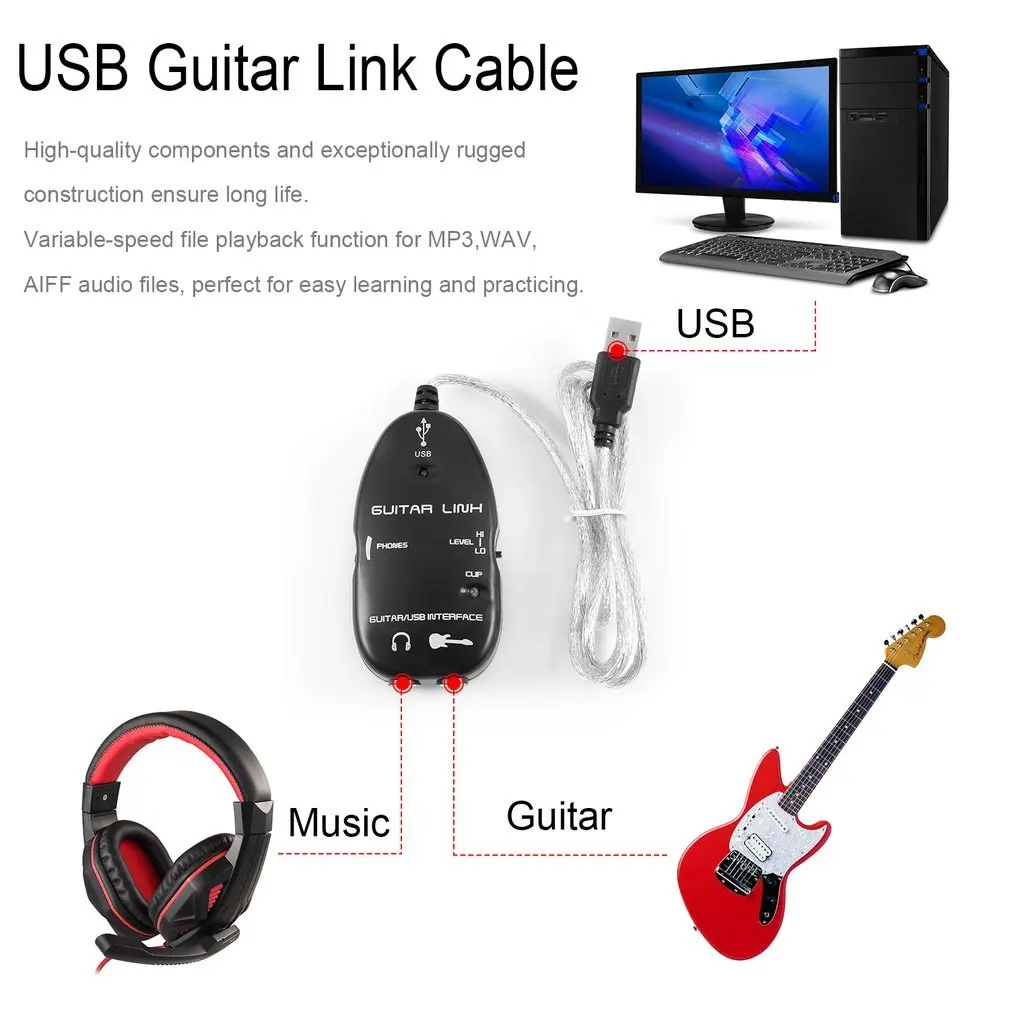 Бас электрогитара к USB интерфейсному кабелю аудио рекордер адаптер компьютеру