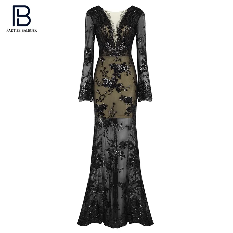 

PB Stylish Sequins Crystal Design Long Sleeves Black Dress Sexy V Neck Celebrity Party Club Free Shipping