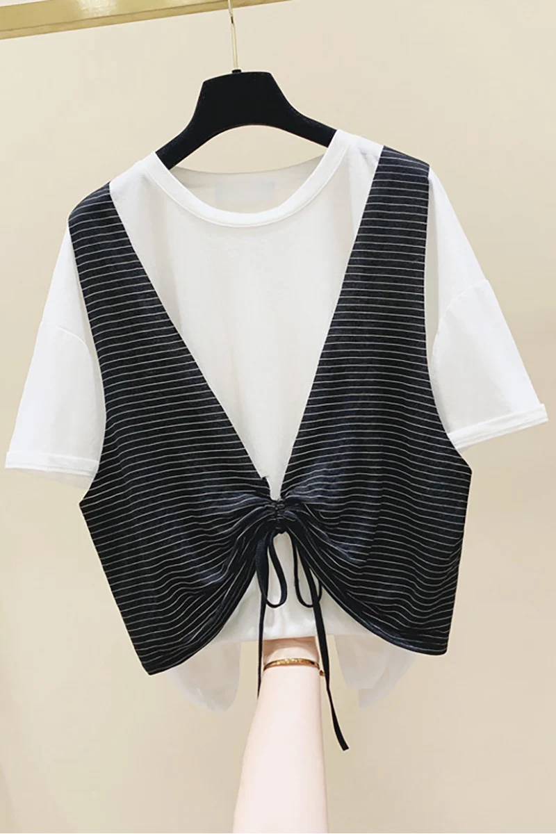 

Striped Strap Splicing Round Neck Short Sleeve T -shirt Women 2020 Summer Korean Style Loose T-shirts Lady's Tops Ropa De Mujer
