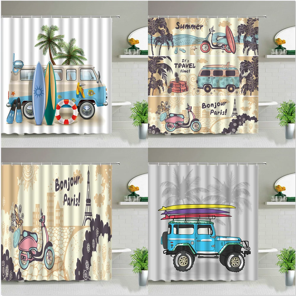 

Retro Old Bus Surfboard Shower Curtains Coconut Tree Summer Home Decor Bath Screen Bathroom Waterproof Fabric Hanging Curtain