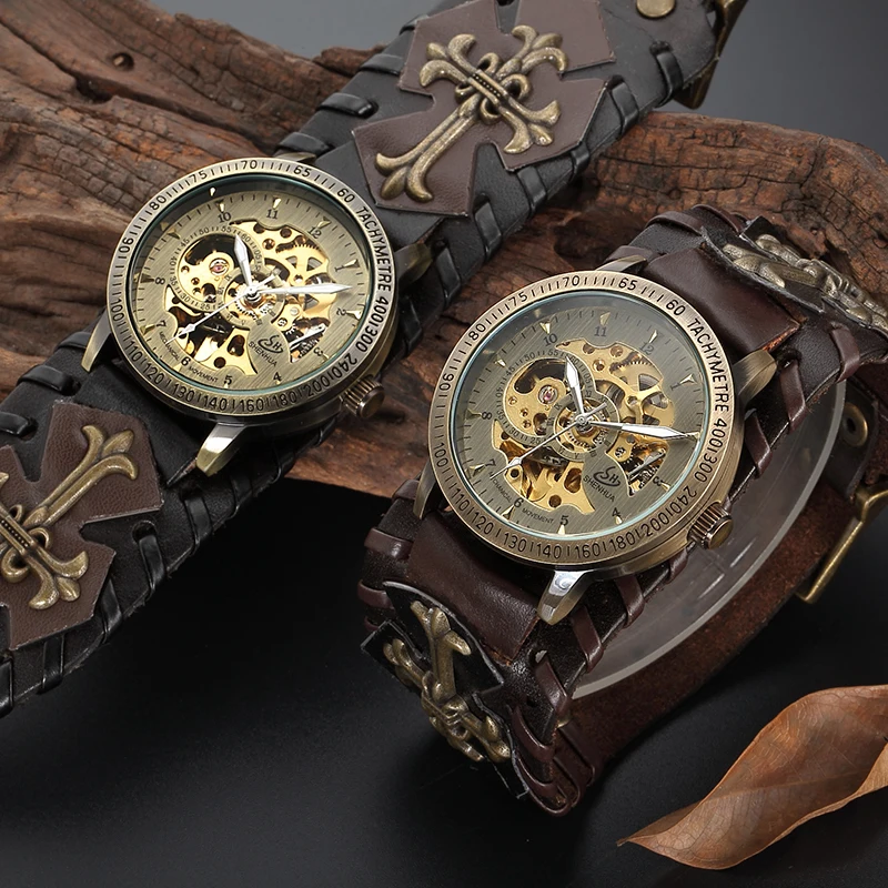 

Top Brand Retro Gothic Skeleton Automatic Mechanical Watch Men Locomotive Strap Watch Steampunk Self Winding Clock Reloj Hombre