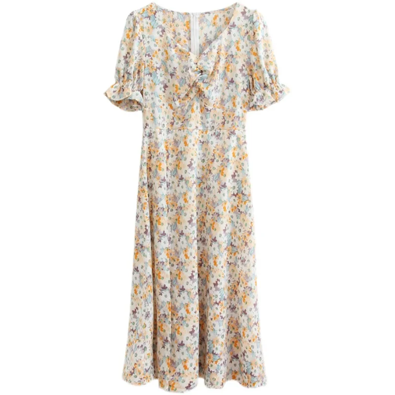 

2021 Summer Elegant Women Dress French V-neck Slit Small Sexy Floral Dress Vintage Short Sleeve Chiffon Dresses