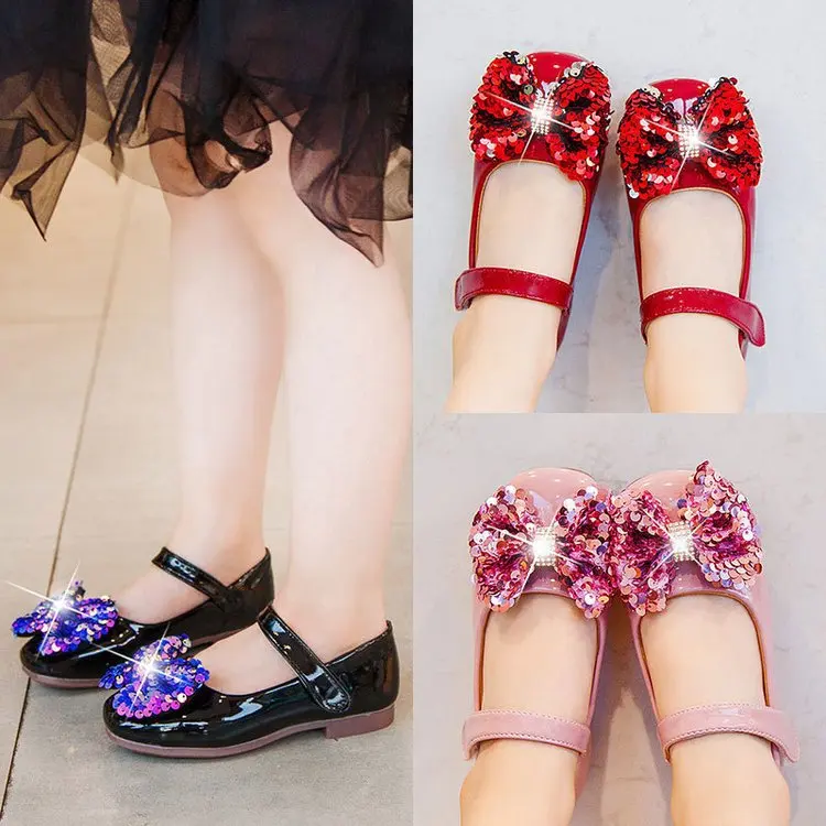 JGSHOWKITO Spring Autumn Kids Shoes For Girls Big Children Flats Mary Janes With Sequined Bow-knot Butterfly-knot Princess Sweet | Детская