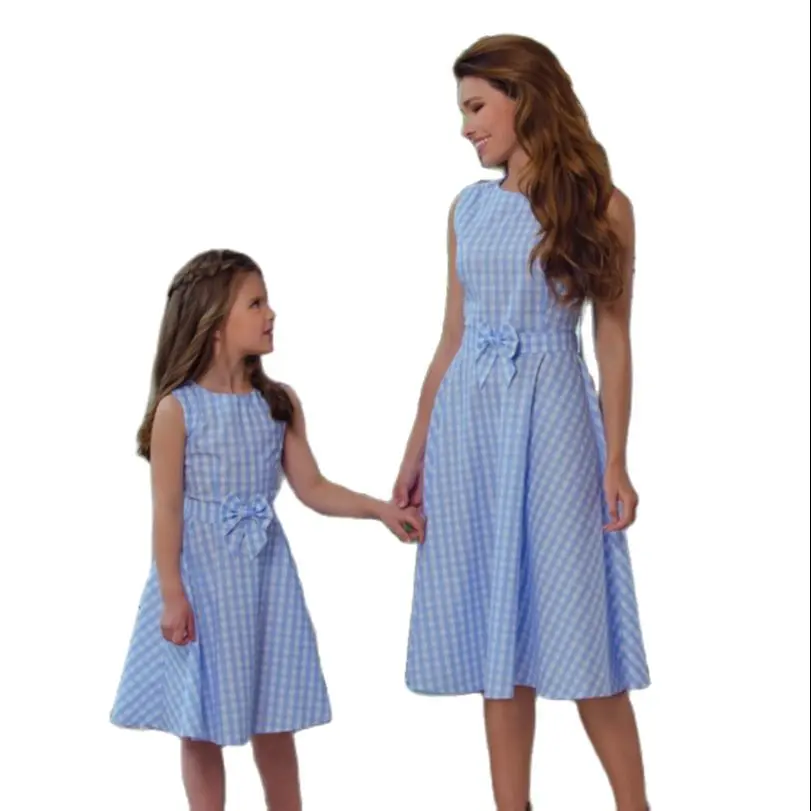 Синие Клетчатые платья для мамы и дочки одежда семейная семейный образ наряды