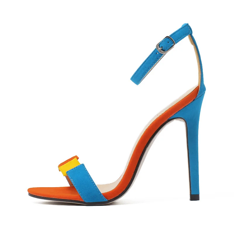 

2021 summer new buckle women's shoes color high heels thin heel Summer toe suede leather belt hollow sandals