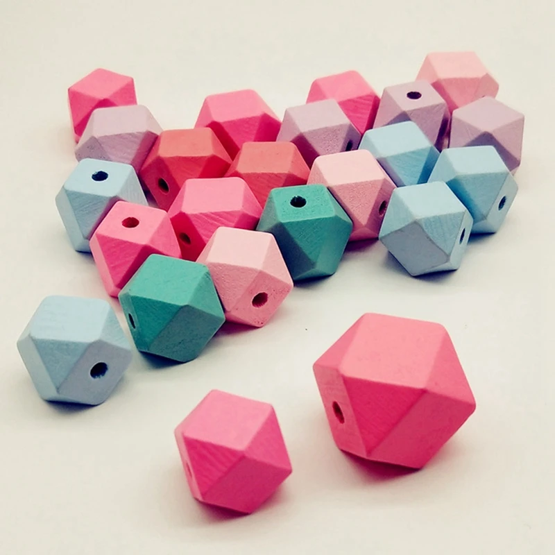

30 Pieces of DIY Handmade Jewelry Accessories 15mm Geometric Faceted Octagonal Wooden Beads Color Mixed Polyhedron