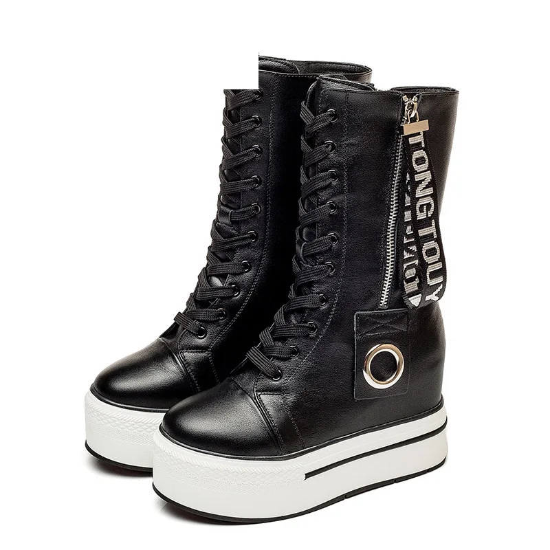 

10cm Platform Wedge Women Boots Genuine Leather Spring Autumn Winter Zipper Mid Calf Warm Fur Winter Boots for Women