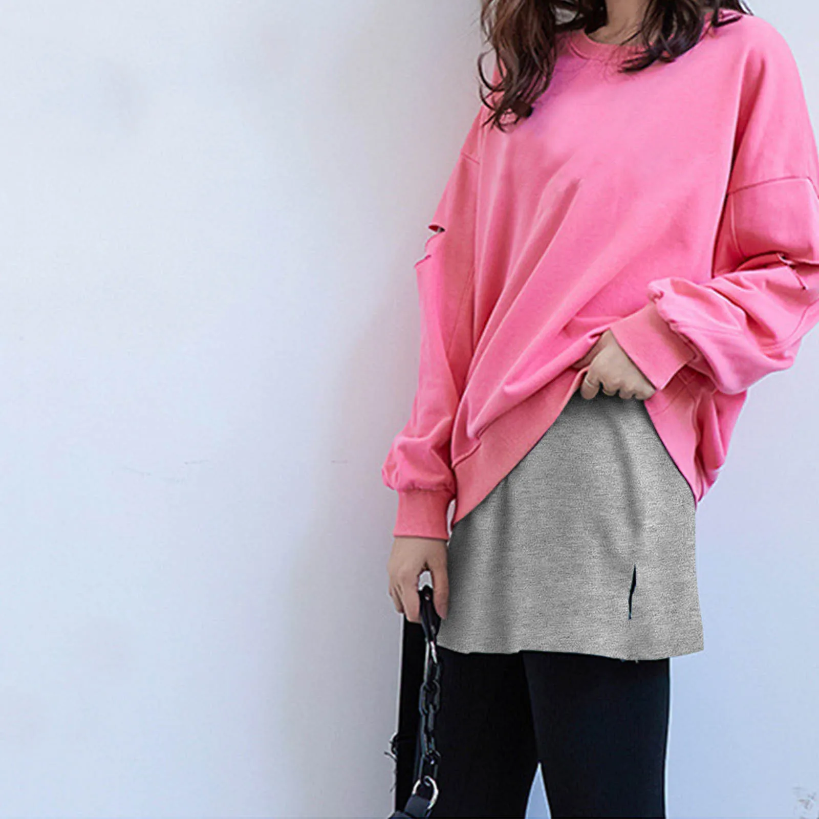 

Jaycosin Korean Harajuku Woman Skirt Sweatshirt Base Skirt With Female All-match Short Skirt In The Hem Gray Casual False Hem