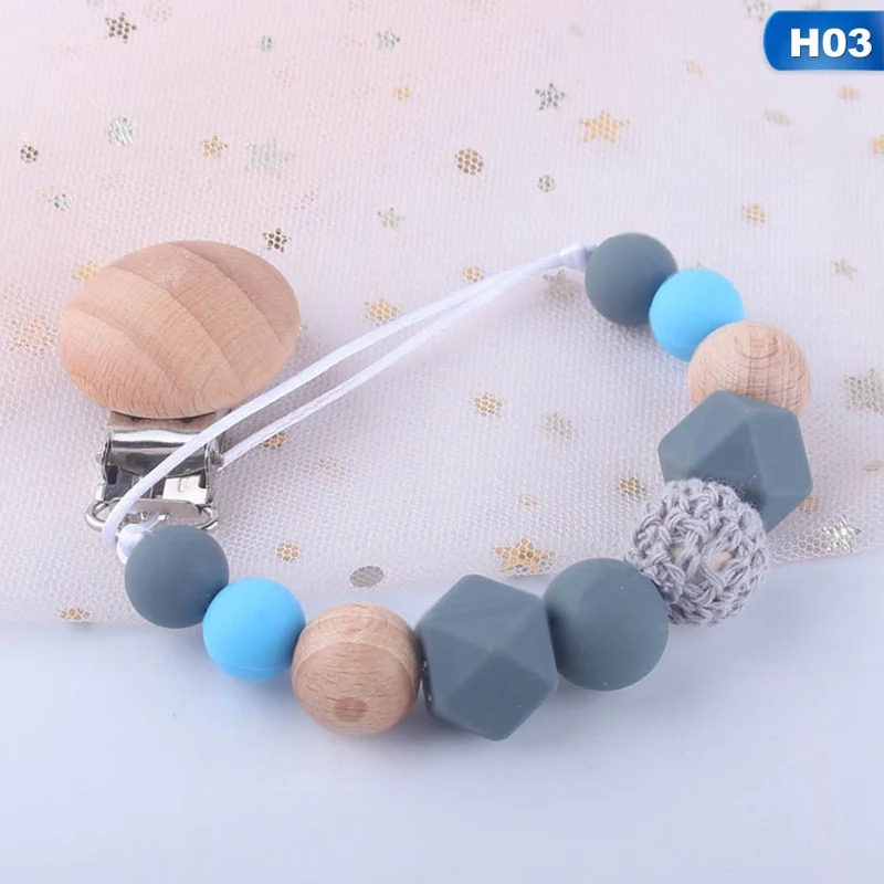 H03 Прищепка для соски цепь деревянный держатель крепления для укачивания, успокаивающего приспособления силиконовые бусины соска анти-падение держатель младенческий Душ подарок - Цвет: H03