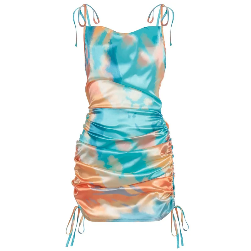

2021Women Sleeveless Short Dress Beach Satin Fashion Dresses Ruched Pleated Drawstring Casual Female Mini Dress Vestidos