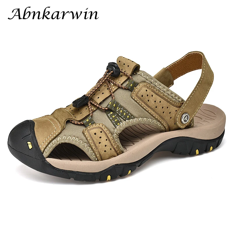 Мужские кожаные сандалии для пляжа трекинга спорта без застежки дышащие