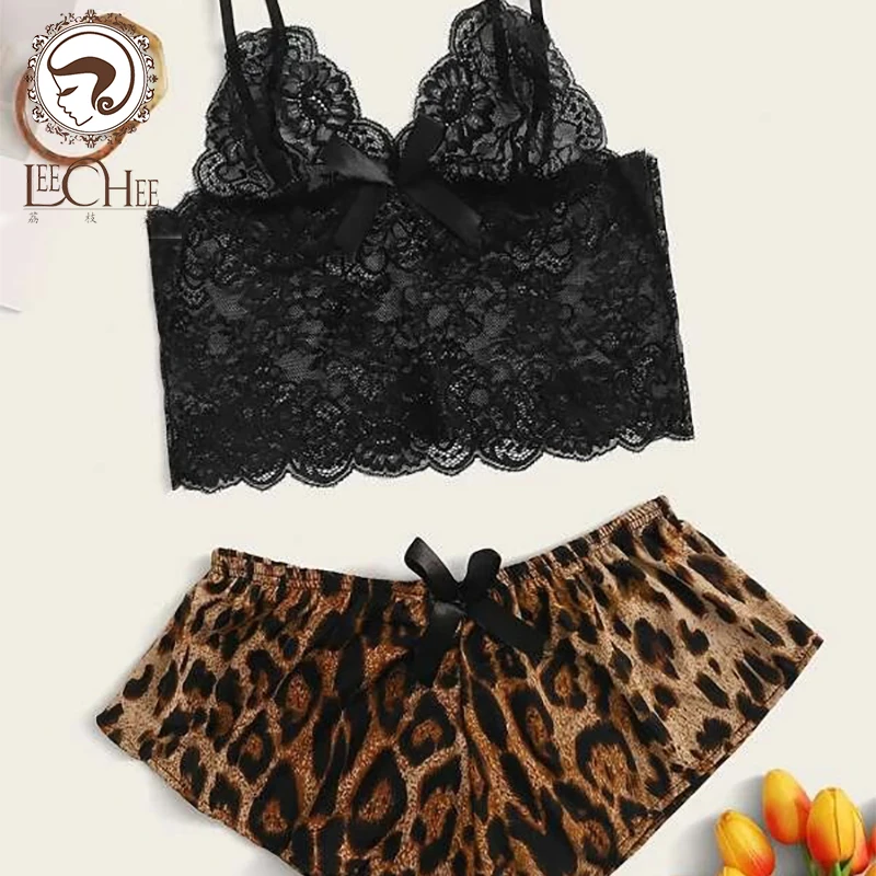 

Leechee Ladies Sexy Lingerie Women's Lace Wrap Chest Leopard Print Shorts Two-Piece Female Pajamas Suspenders + Pants Sleepwear