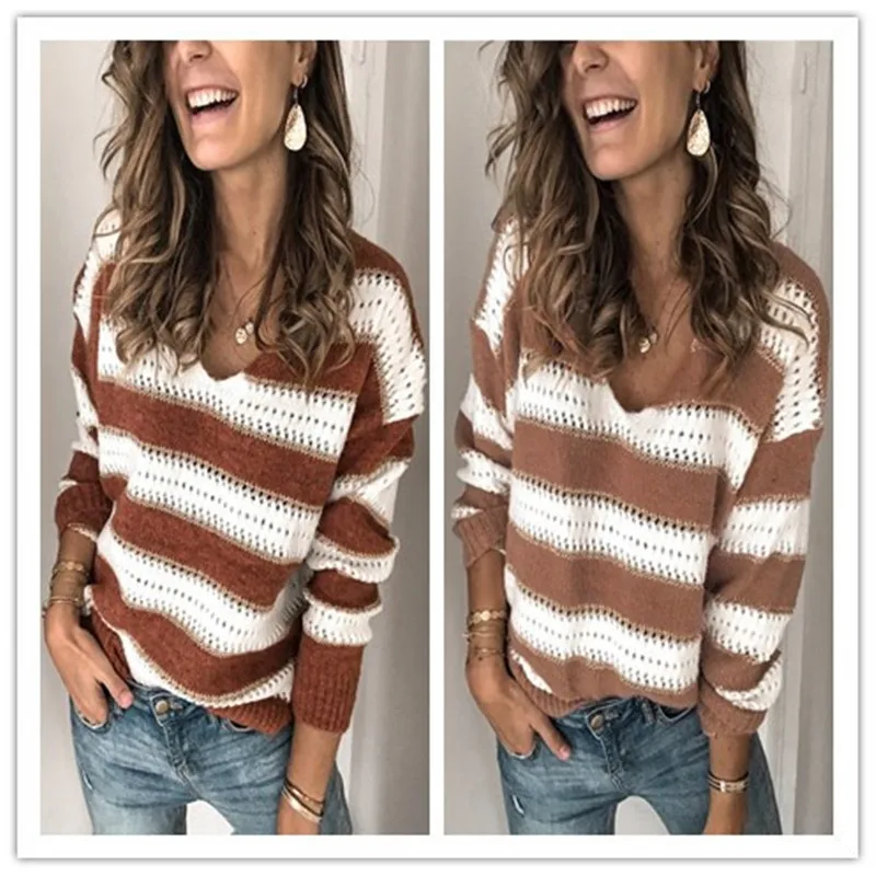 

2020 Autumn Winter V Neck Knitted Women's Sweaters Striped Pullovers Casual Loose Jumpers Oversized Korean Thin Sweater Women