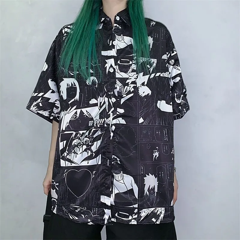 

QWEEK Anime Blouse Women Harajuku Streetwear Naruto Manga Print Button Up Shirt Japan Goth 2021 Summer Trendy White Shirt Women