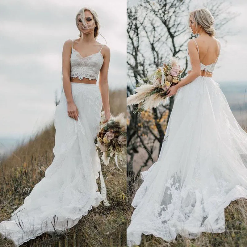 

2021 New Hot Sale Two Pieces Bridal Wedding Dresses Lace Sleeveless Spaghetti Straps Wedding Gowns for Bride Back Out Appliqued