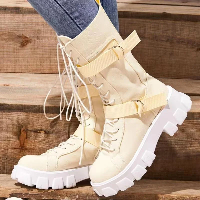 

2022 Women Mid-Calf Boots Autumn Winter Punk Genuine Leather Boots women Zipper Cross-tied Riding Boots High Heels Shoes Woman