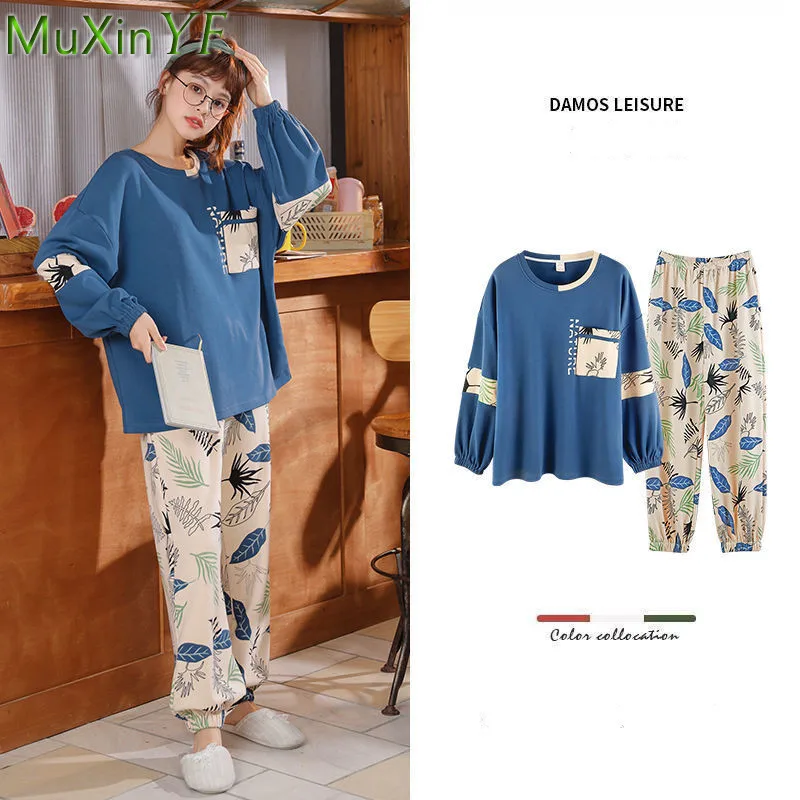 2022 New O-Neck Cotton Long-sleeved Trousers Pajamas Two-piece Spring Autumn Cute Cartoon Pijamas Sleepwear Home Clothes