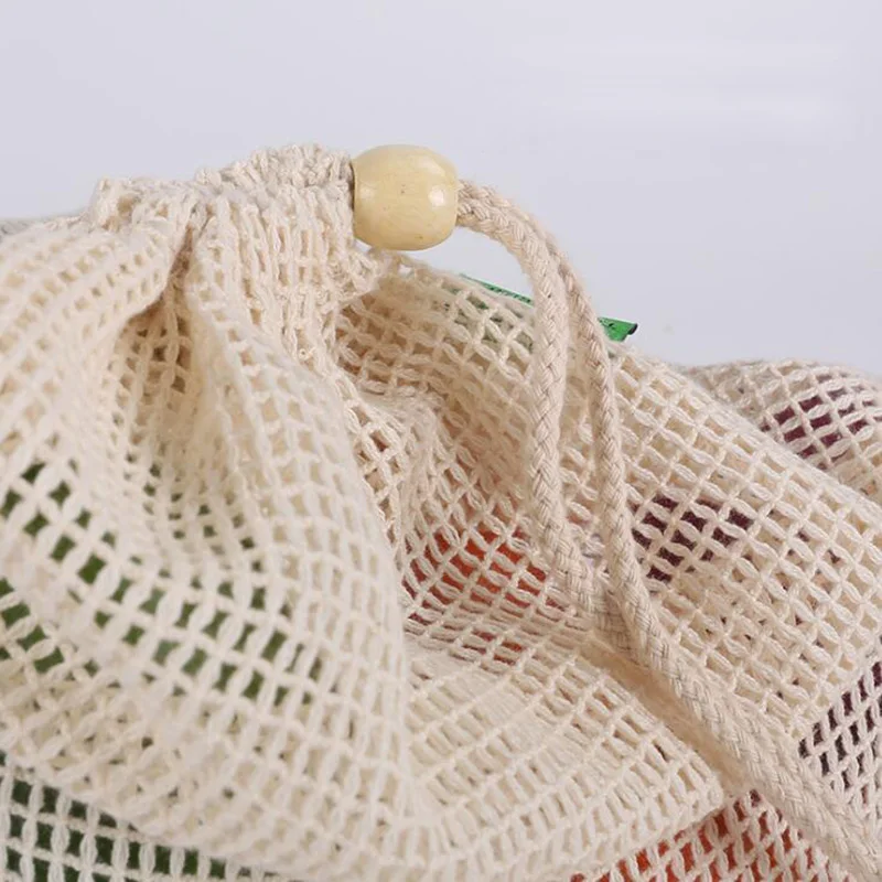 Многоразовые продуктовые сумки из органического хлопка сетчатые с двойным швом