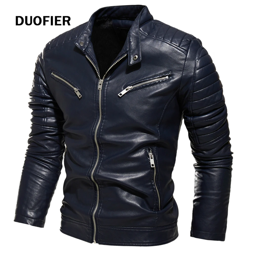 

2021 Winter Black Leather Jacket Men Fur Lined Warm Motorcycle Jacket Slim Street Fashion BLack Biker Coat Pleated Design Zipper