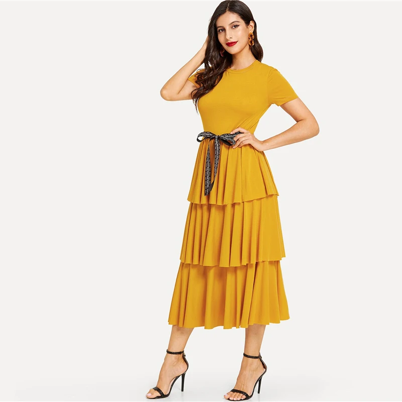SHEIN Элегантное Длинное Платье с контрастной завязкой на талии, с многослойной оборкой, с высокой талией, женское летнее однотонное офисное платье трапециевидной формы, Платья для вечеринок