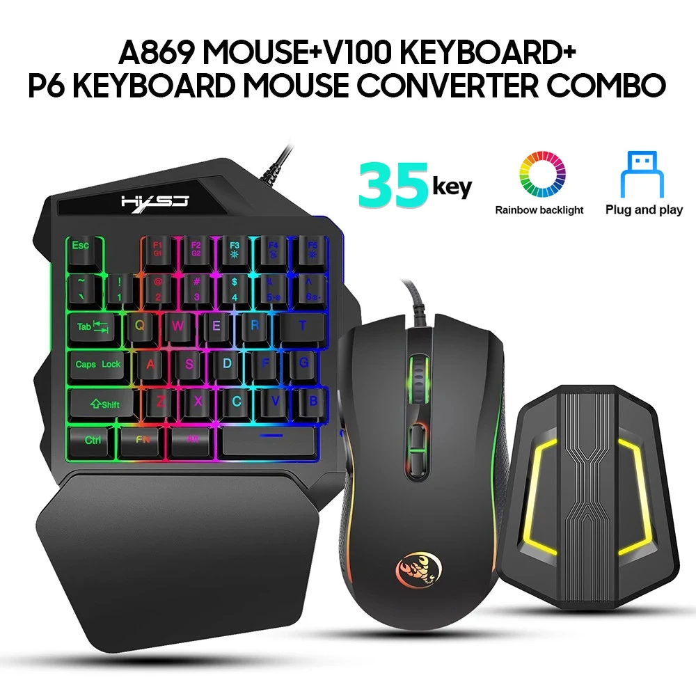 

A869 RGB Ergonomic Wired Gaming Mouse Set V100 35 Keys Single-Hand Game Keyboard P6 Portable Keypad Mouse Converter Combo